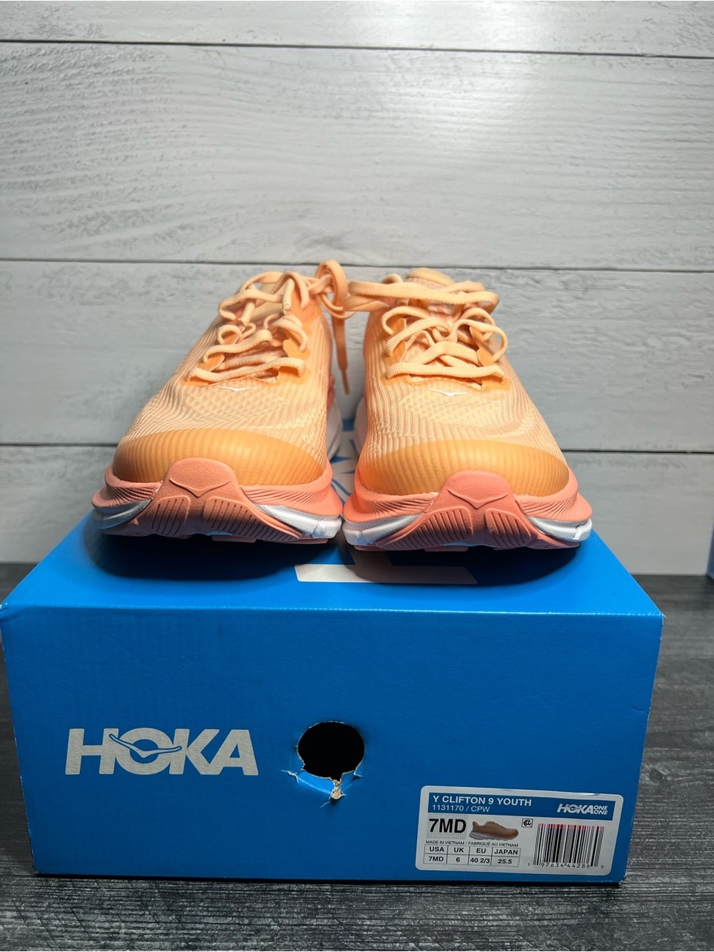 Hoka Youth Clifton 9 Running Shoes in Peach and Coral
